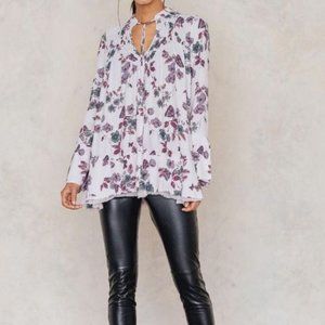 Free People  Purple Printed Smocked Tie Front top